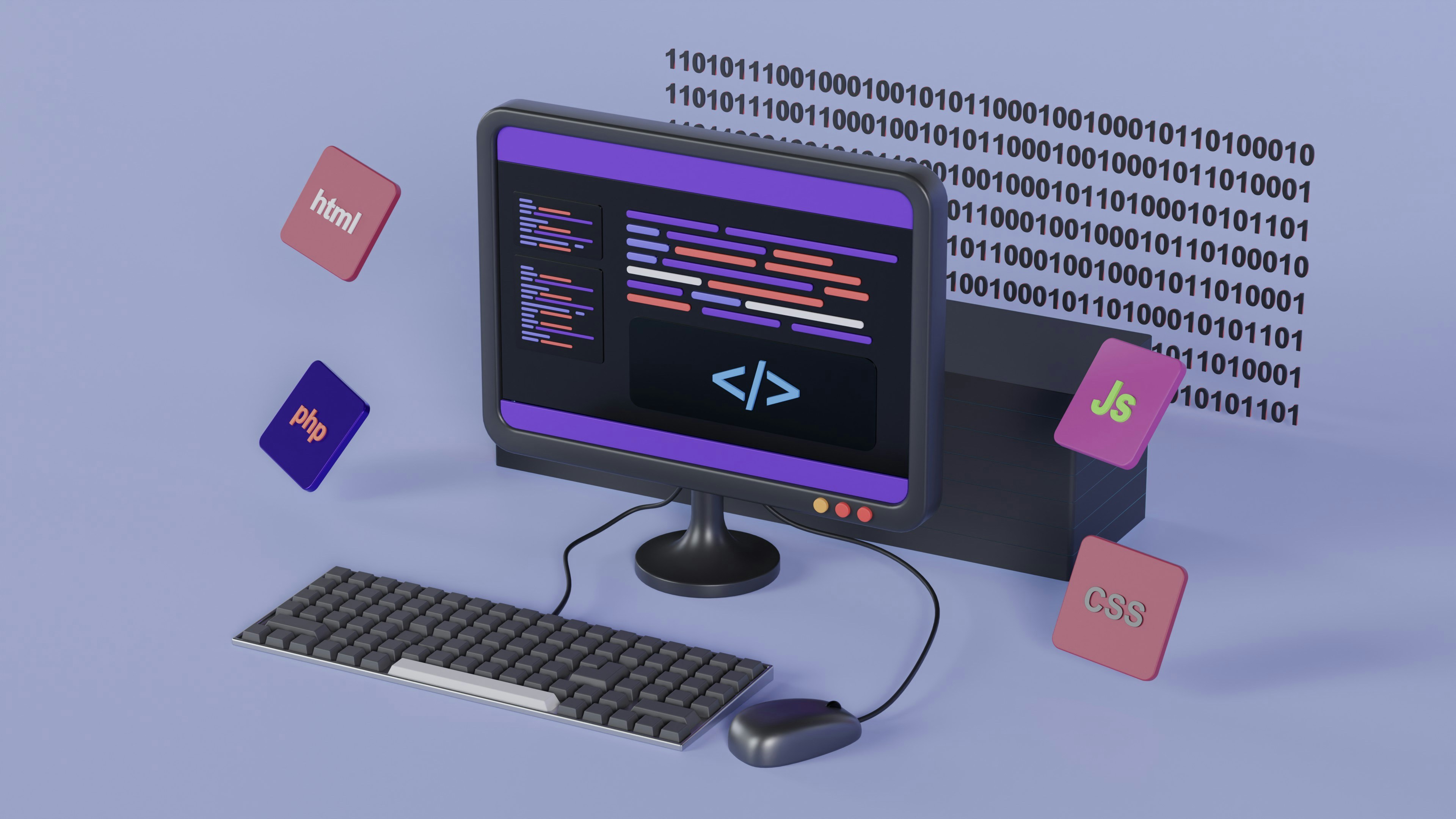 3D illustration of a desktop computer running code, surrounded by HTML, PHP, JavaScript, and CSS badges