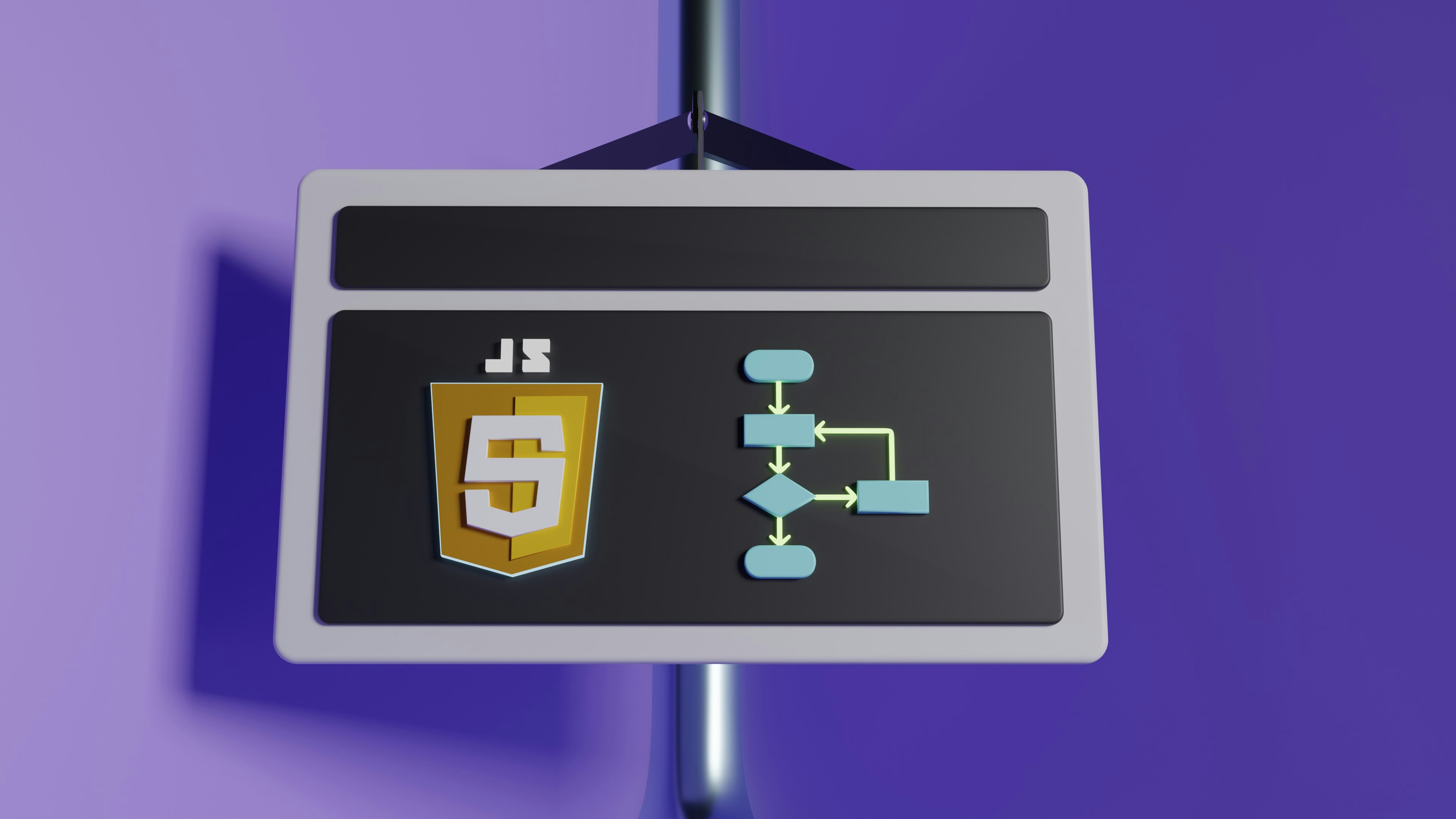 3D sign with a JavaScript shield logo next to a flowchart, on a purple background